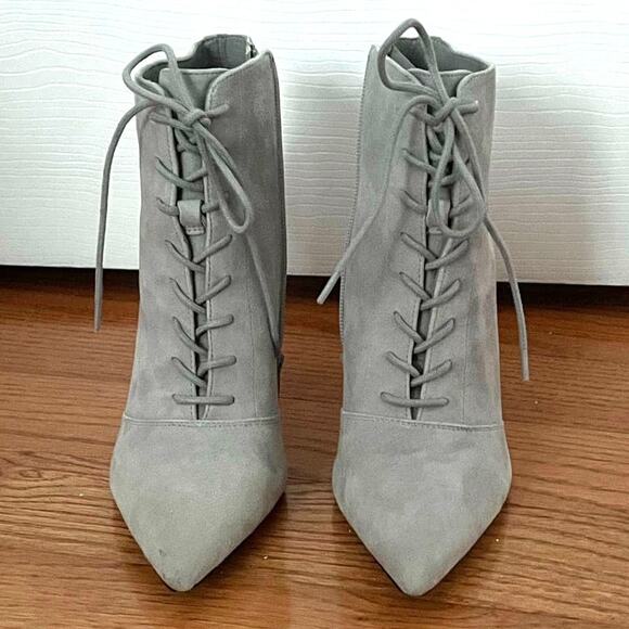 Something Navy Grey Soft Suede Stiletto Lace-up Pointy Toe Booties Size 9 $200 - Picture 3 of 12